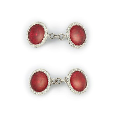 Lot 620 - Pair of White Gold, Red Guilloche Enamel and Diamond Cufflinks