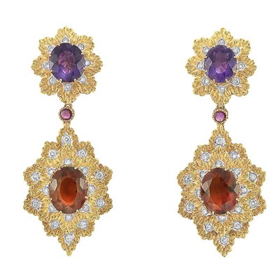 Lot 437 - Pair of Gold, Amethyst, Citrine and Diamond Pendant-Earrings, Gianmaria Buccellati