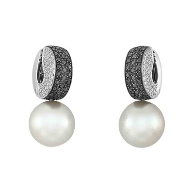 Lot 363 - Pair of White Gold, Diamond, Black Diamond and Light Gray Cultured Pearl Earclips, Gioia