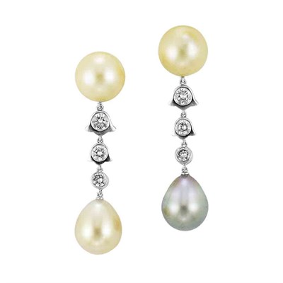 Lot 241 - Pair of Platinum, White Gold, Golden and Gray Cultured Pearl and Diamond Pendant-Earclips, Cartier