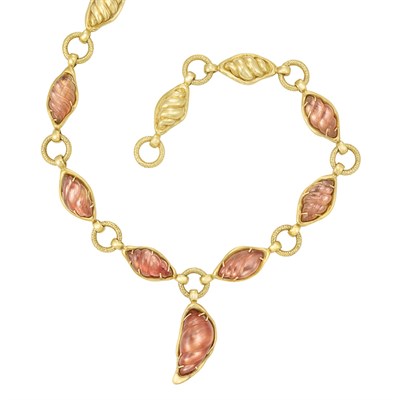 Lot 328 - Gold and Carved Pink Quartz Shell Necklace, Elizabeth Gage