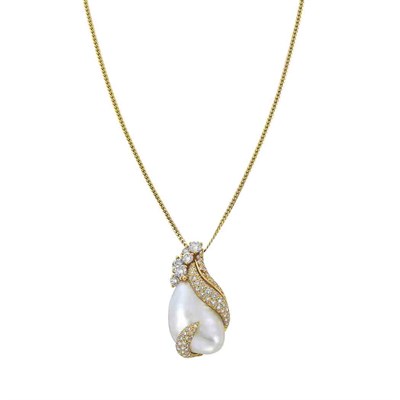 Lot 5 - Gold, Baroque Cultured Pearl and Diamond Pendant with Chain, Henry Dunay