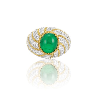 Lot 444 - Two-Color Gold, Cabochon Emerald and Diamond Ring, Buccellati