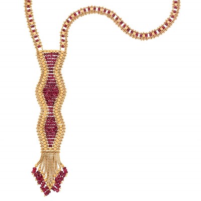 Lot 448 - Gold and Ruby Bead Fringe Necklace