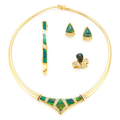 Lot 676 - Gold, Simulated Black Opal and Diamond Necklace, Bangle, Pair of Earrings and Ring