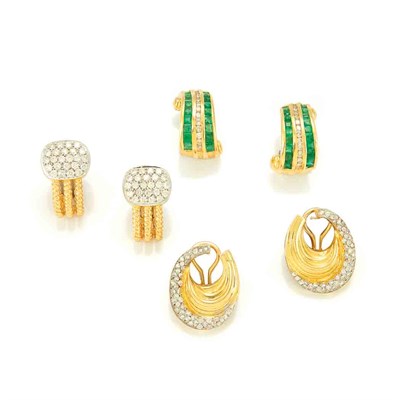 Lot 598 - Two Pairs of Gold and Diamond Earrings and Pair of Emerald and Diamond Earclips