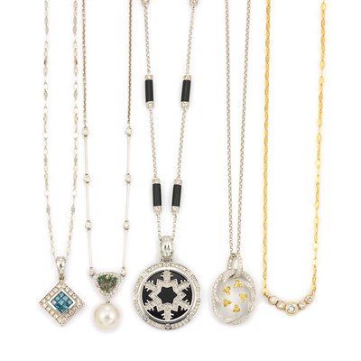 Lot 648 - Five Diamond Pendants with Chains
