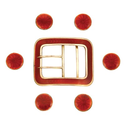 Lot 128 - Antique Sterling Silver and Red Enamel Buckle and Button Set