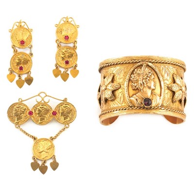 Lot 671 - Wide Gold Cuff Bangle Bracelet, Pin and Pair of Pendant-Earrings
