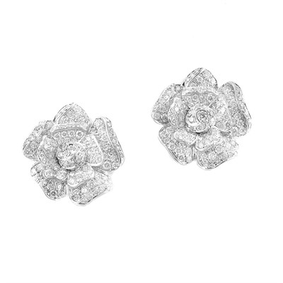 Lot 626 - Pair of White Gold and Diamond Flower Earclips