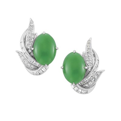 Lot 264 - Pair of White Gold, Jade and Diamond Earclips
