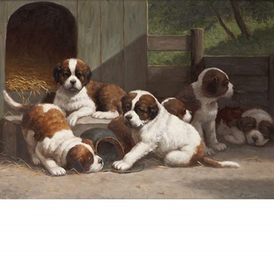 Lot 97 - Anton Karssen Dutch, b. 1945 Puppies in the...
