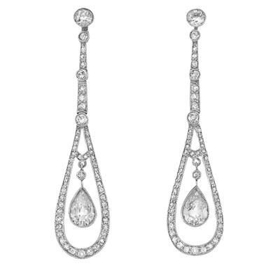 Lot 496 - Pair of Art Deco Platinum and Diamond Pendant-Earrings