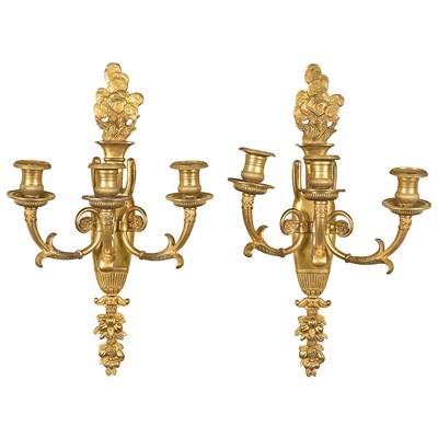 Lot 595 - Pair of Empire Gilt-Bronze Three-Light Sconces...