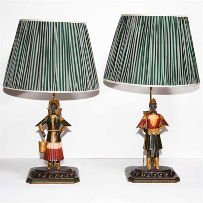 Lot 411 - Pair of Tole Blackamoor Lamps Each with a silk...