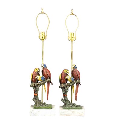 Lot 463 - Pair of Painted Bronze Parrot-Form Lamps...