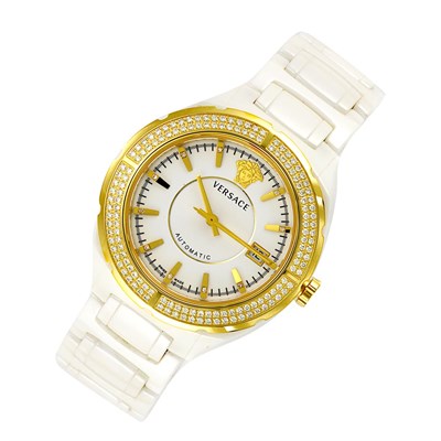 Lot 644 - White Ceramic, Gold-Plate and Diamond Wristwatch, Versace