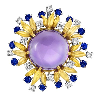 Lot 476 - Gold, Platinum, Cabochon Amethyst, Sapphire and Diamond Pendant Brooch, Oscar Heyman Bros.