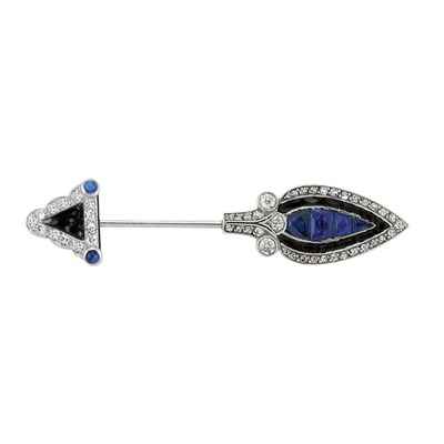 Lot 527 - Art Deco Platinum, Sapphire, Black Onyx, Black Enamel and Diamond Jabot, Cartier