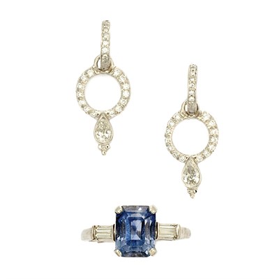 Lot 611 - Sapphire and Diamond Ring and Pair of Diamond Earrings