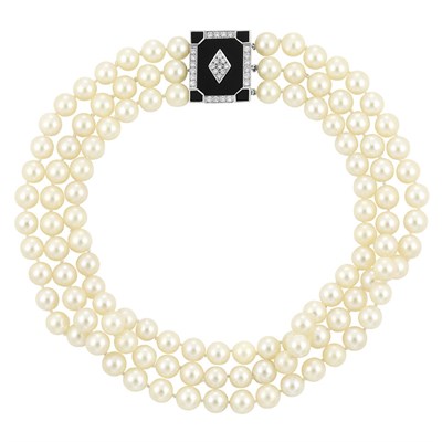 Lot 53 - Triple Strand Cultured Pearl Necklace with White Gold, Black Onyx and Diamond Clasp