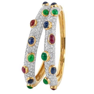 Lot 270 - Pair of Gold, Diamond and Cabochon Colored Stone Bangle Bracelets