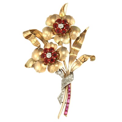 Lot 668 - Gold, Platinum, Spinel, Diamond and Ruby Flower Brooch
