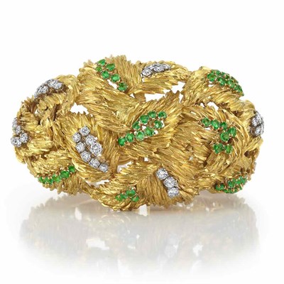 Lot 565 - Gold, Emerald and Diamond Cuff Bangle Bracelet