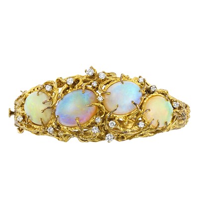 Lot 197 - Gold, Opal and Diamond Bangle Bracelet