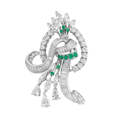Lot 406 - Platinum, Diamond and Simulated Emerald Clip-Brooch