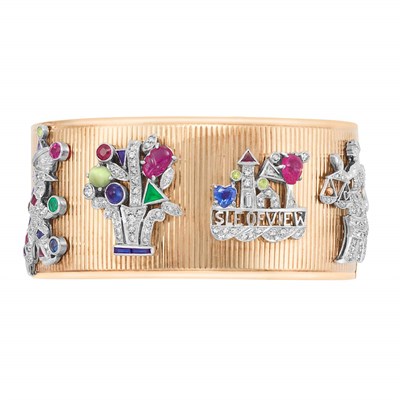 Lot 455 - Gold, Platinum, Diamond and Gem-Set Charm Cuff Bangle Bracelet