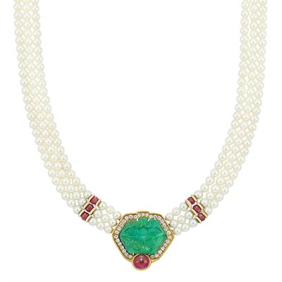 Lot 130 - Triple Strand Cultured Pearl, Carved Emerald, Cabochon and Ruby Bead and Diamond Necklace, Trio