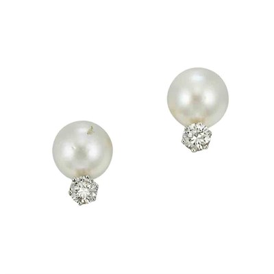Lot 253 - Pair of White Gold, Cultured Pearl and Diamond Earrings