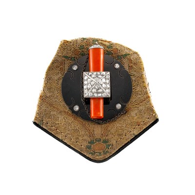 Lot 554 - Art Deco Coral, Black Enamel and Diamond Clasp on Fabric