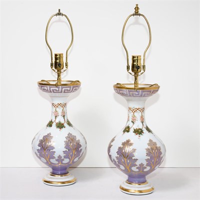 Lot 391 - Pair of Painted Milk Glass Lamps Height 14...