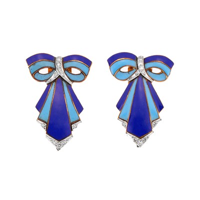 Lot 205 - Pair of Gold, Platinum, Blue Enamel and Diamond Bow Clips