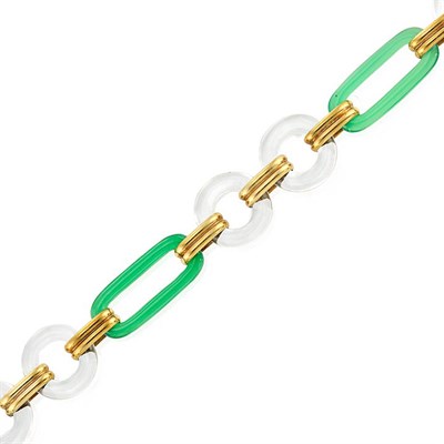 Lot 552 - Gold, Rock Crystal and Dyed Green Onyx Link Bracelet