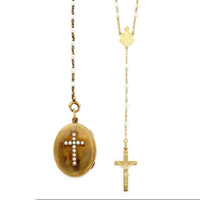 Lot 551 - Antique Gold and Split Pearl Locket with Gold and Freshwater Pearl Chain and Gold and Freshwater Pearl Chain Rosary