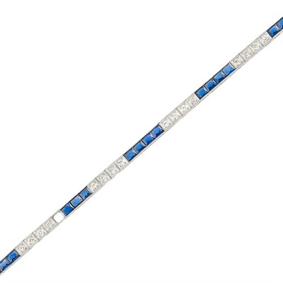 Lot 555 - Platinum, Diamond and Synthetic Sapphire Straightline Bracelet