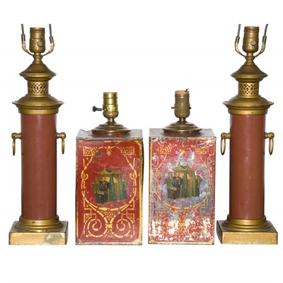Lot 290 - Two Pairs of Red Painted Tole Lamps Height of...