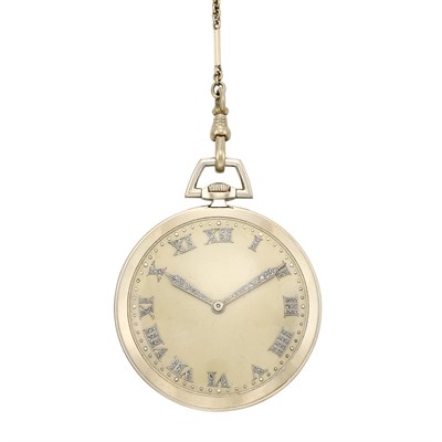 Lot 347 - Gentleman's Open Face Platinum and Diamond Pocket Watch with White Gold Watch Fob Chain
