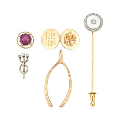 Lot 330 - Half Pair of Gold Cufflinks, Two Tie Tacks and Two Pins
