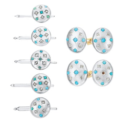 Lot 342 - Gentleman's Platinum, Gold, Cabochon Turquoise and Diamond Dress Set
