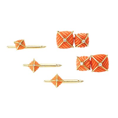Lot 343 - Gentleman's Gold, Carved Coral and Diamond Dress Set