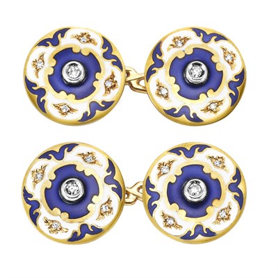 Lot 353 - Pair of Gentleman's Gold, Blue and White Enamel and Diamond Cufflinks