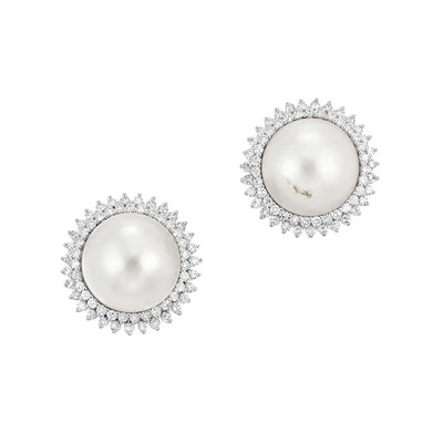 Lot 707 - Pair of Mabe Pearl and Diamond Earclips