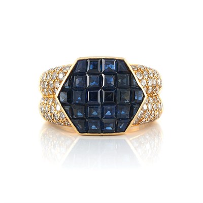 Lot 436 - Gold, Invisibly-Set Sapphire and Diamond Ring