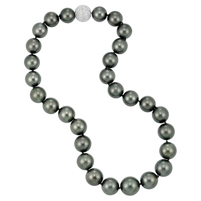 Lot 400 - Black Cultured Pearl Necklace with White Gold and Diamond Ball Clasp