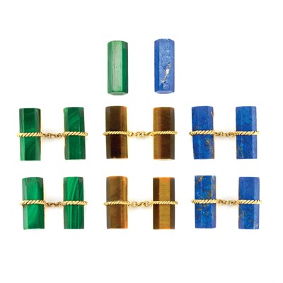 Lot 183 - Three Pairs of Lapis, Malachite and Tiger's-Eye Cufflinks