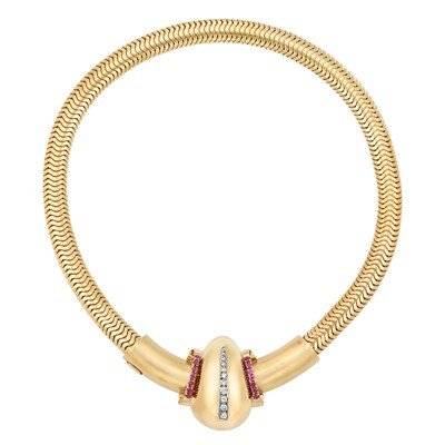 Lot 143 - Gold, Diamond and Ruby Snake Chain Slide Necklace
